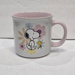 NEW Peanuts SNOOPY w/Flowers 21oz Stoneware Coffee Mug PINK Accent